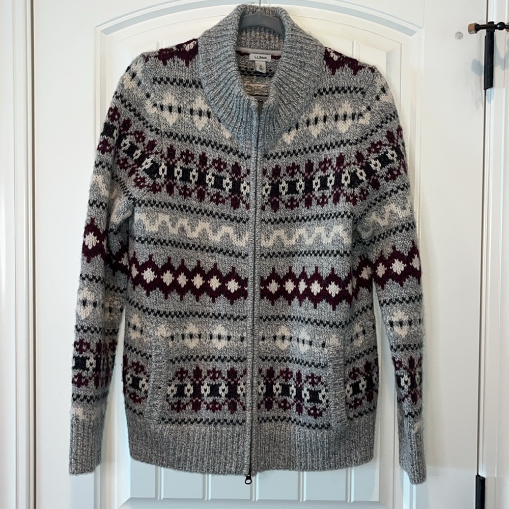 L.L. Bean Gray and Burgundy Patterned Sweater